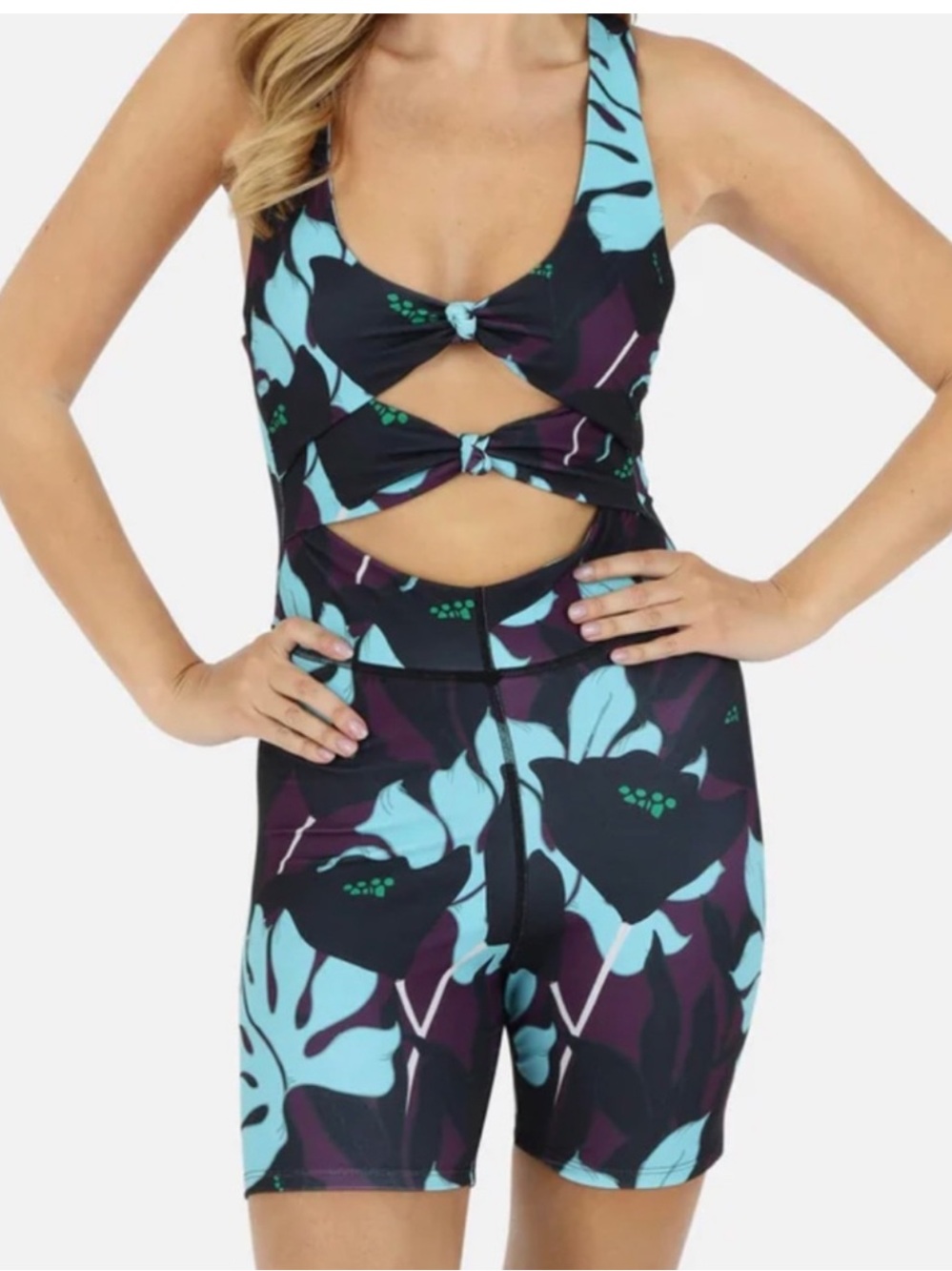 Lezat Cut Out Onesie Romper Blue & Purple Floral Athletic Sporty Size XL NWT